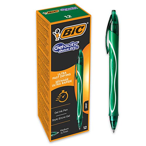 BIC Gel-ocity Quick Dry Bolígrafos de Gel, punta media (0,7mm) - Verde, Caja de 12 Unidades – Bolígrafo retráctil con tinta de secado ultrarrápido