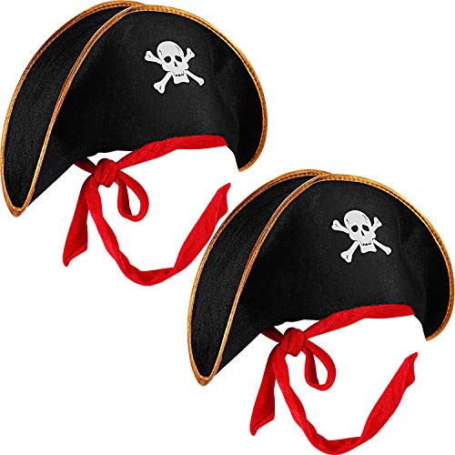 Boao 2 Piezas de Sombrero de Pirata Gorro de Disfraz de Capitán Pirata Impresión de Cráneo Accesorio de Traje Negro para Disfraz de Caribe