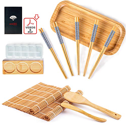 Bochee Juego de Sushi 14 Pcs, Kit para Hacer Sushi y Sushi Plato - Caja de Regalo, Tutoriales en Video y Ebook, 2 Esterillas para Sushi, Sushi Maker, Palillos x 5, Bandeja para Sushi, Plato, Paleta