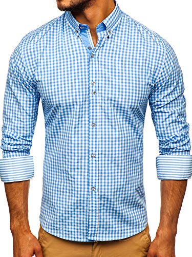 BOLF Hombre Camisa a Cuadros de Manga Larga Cuello Americano Camisa de Algodón Slim fit Estilo Casual 9712 Azul Claro M [2B2]