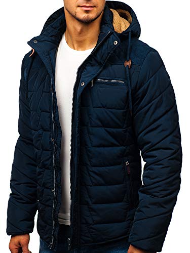 BOLF Hombre Chaqueta Acolchada De Invierno con Capucha Cierre de Cremallera y Velcros Cuello Elevado Ropa de Abrigo Estilo Diario Extreme 1673 Azul Oscuro L [4D4]