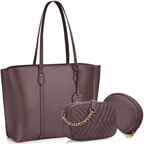 Bolso para Mujer Cuero PU Bolso de hombro Monedero 3Pcs Bolso Grande Bolso Señoras Shopper Totes para  Escuela Compras Viaje Oficina Café