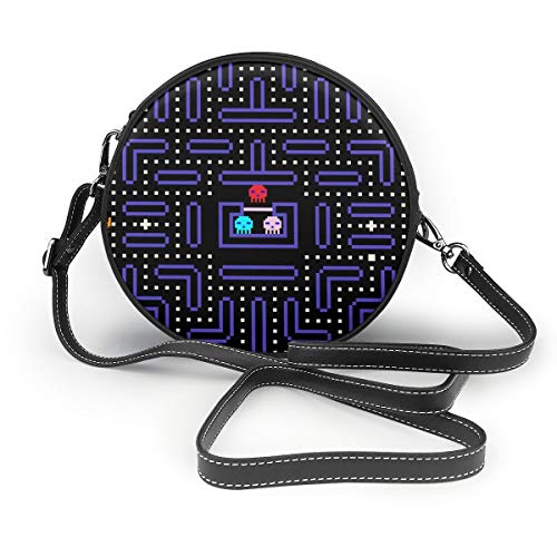 Bolsos de hombro Bolsos redondos para mujer Juego de arcade retro de 8 bits Pixel. Bolso circular de cuero Crossbody de diseño de videojuego antiguo