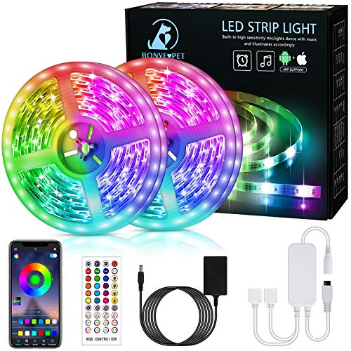 Bonve Pet 12M Tiras LED RGB 5050, Bluetooth Musical Tiras LED 12V Tiras de Luces LED Iluminación, Control de APP y Remoto Control de 40 Teclas,16 Millones de Colores, Modo Temporizador