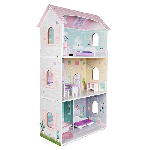 boppi® Casa de muñecas de Madera para niñas con 3 Pisos + 8 Muebles para Jugar