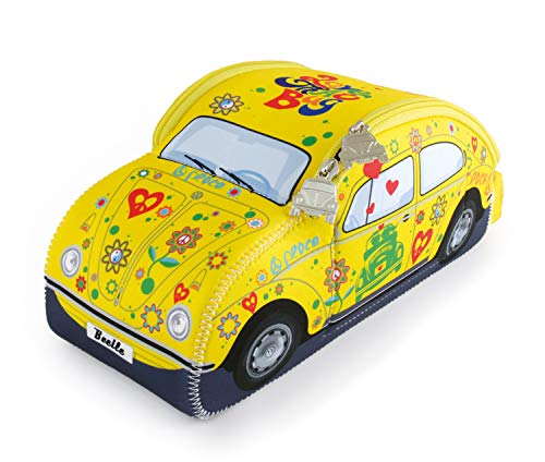 BRISA VW Collection - Volkswagen Escarabajo Coche Beetle Bolsa Universal de Neopreno, Neceser, Bolso de Maquillaje-Cosméticos-Aseo, Estuche de lápices, Caja de Almuerzo, Equipaje (Flores/Amarillo)