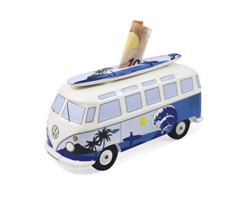 Brisa VW Collection - Volkswagen Furgoneta Hippie Bus T1 Van Hucha Vintage de Cerámica en Caja de Regalo, Caja de Dinero Reutilizable, Alcancía como Souvenir (Escala 1:18/Surf/Azul)