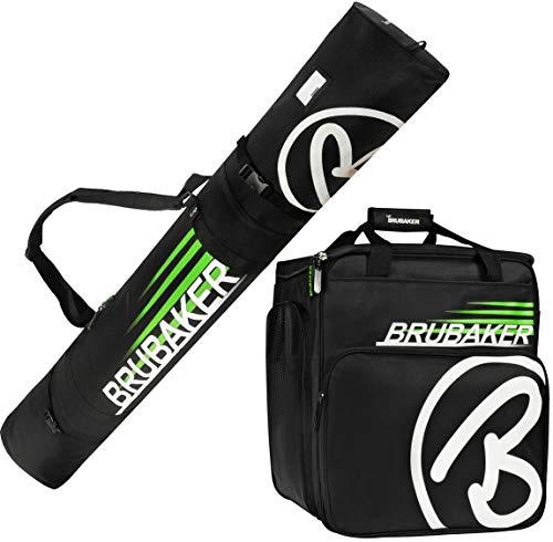 BRUBAKER Conjunto 'Super Champion' Bolsa para Botas y Casco de ski Junto a 'Carver Champion' Bolsa para un par de Ski - Negro/Verde - 190 cms.
