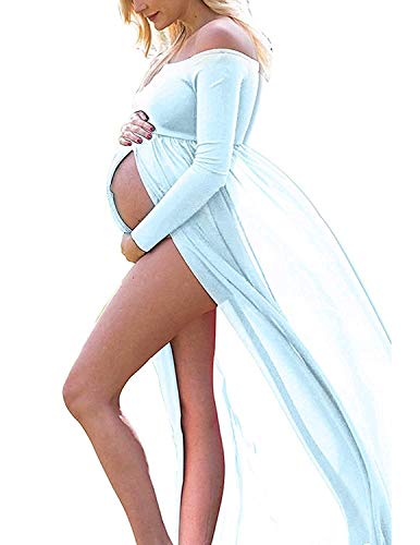 BUOYDM Mujer Embarazada Chifón Largos Vestido de Fiesta Foto Shoot Dress Fotográficas de Maternidad Apoyos De Fotografía (Talla única-Busto:95-120CM, Longitud:170CM, Azul)