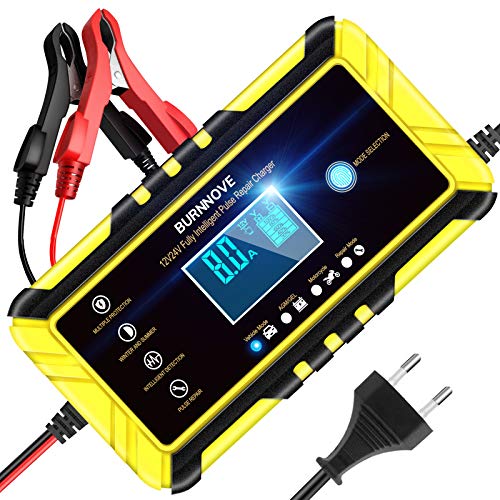 BURNNOVE Cargador de Batería Inteligente 8A 12V/24V Reparación del Cargador Batería Mantenimiento de Función Auto con Modo de Reparación LCD Altamente Compatible Batería de Plomo-Ácido