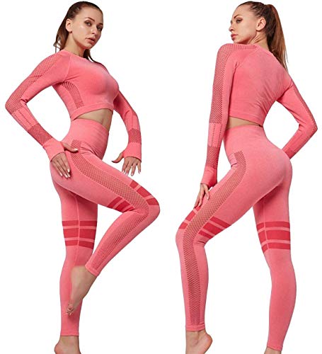 C K CrisKat Conjunto de Ropa Deportiva para Mujer Top de Running de Manga Larga de 2 Piezas Sin Costura Pantalones de Cintura Alta Yoga Gym Wear (Rosa, L)