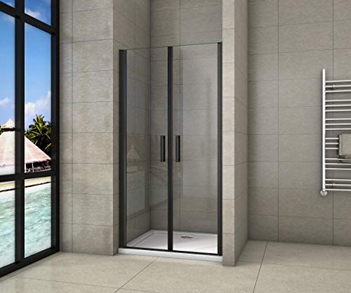 Cabina de ducha de nicho de 90x200cm,dos puertas giratorias, perfiles negros mate,vidrio de seguridad, antical,transparente de 8mm