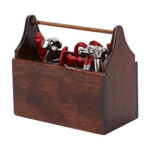 Caja de herramientas de la casa de muñecas con herramientas, caja de herramientas en miniatura Modelo de caja de herramientas de madera para escala 1/12 Accesorios de la casa de muñecas Muñeca Niños N