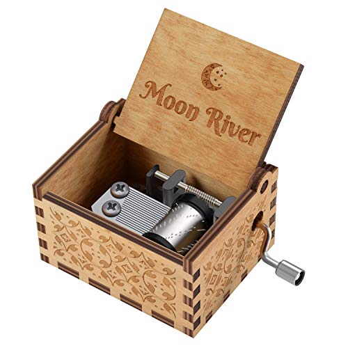 Caja de música de madera de Moon River, diseño vintage de manivela tallada de madera con 18 notas, regalos para Navidad, cumpleaños, día de San Valentín