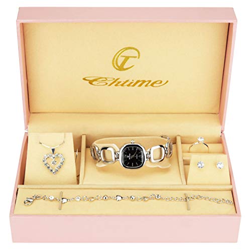 Caja de Regalo Reloj Mujer Negro - Juegos de Joyas- Collar-Anillo- Pendientes - Pulsera