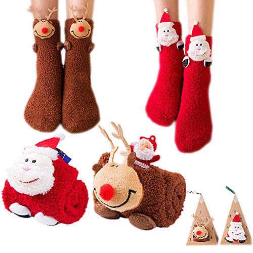 Calcetines de Navidad 2 pares,Calcetines de Invierno de Piso Lindos de Navidad para Mujer Vellón de Coral Abrigados,calcetines tipo zapatilla,Adorno de Navidad Bolsa de dulces+2 cajas de regalo