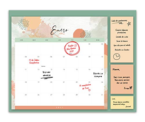Calendario Familiar 2021 – Vista Mensual, Planificador Familiar con 3 Notas Adhesivas – para la Pared o la Nevera, para Casa o como Organizador de Cocina – a Diciembre de 2021, 30x40 cm