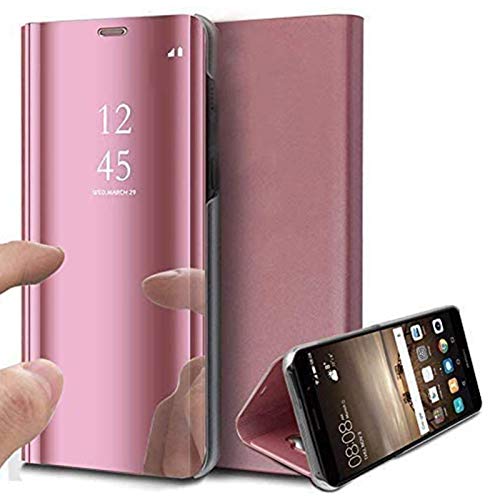 Caler Case Compatible con Samsung Galaxy S7 Edge Funda Cuero PU Espejo Brillante Clear View Modelo Fecha Duro Cover Flip Tapa Libro Soporte Plegable Ventana de Espejo Transparente Carcasa(Oro Rosa)