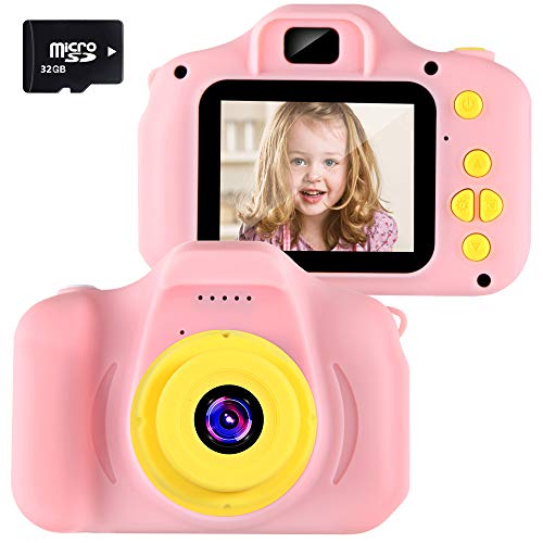 Cámara para Niños Infantil Cámara de Fotos Digital Cámara Juguete para Niños 2 Pulgadas 12MP 1080P HD Selfie Video Cámara Regalos Ideales para Niños Niñas de 3-10 Años con Tarjeta TF 32 GB (Rosa)