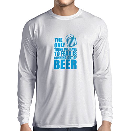 Camiseta de Manga Larga para Hombre Tener Miedo de no Tener una Cerveza - para la Fiesta, Bebiendo Camisetas (X-Large Blanco Azul)