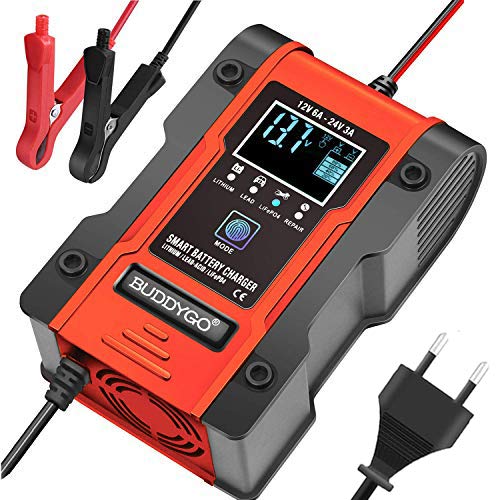 Cargador de Batería Coche Moto, BUDDYGO Mejorado 6A 12V/24V Automático Inteligente Mantenimiento de Batería para Coche y Moto para Cargar Batería de Plomo y Batería de Litio Cargador de Batería Coche Moto, BUDDYGO Mejorado 6A 12V/24V Automático Inteligente Mantenimiento de Batería para Coche y Moto para Cargar Batería de Plomo y Batería de Litio