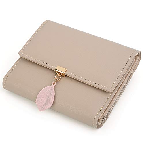 Cartera de Mujer - UTO Monedero Corto Adorno Hoja Colgante Cartera Minimalista con Bolsillo de Cremallera para Monedas Beige