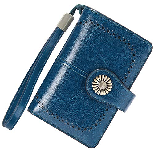 Cartera Mujer Mediana Bloqueo RFID Billeteras Mujer Piel Autentica con Cremallera, Gran Capacidad Billetera Monedero Mujer con Portafoto, Carteras Elegante Mujer con Correa Muñeca 13 Tarjetas (Azul)