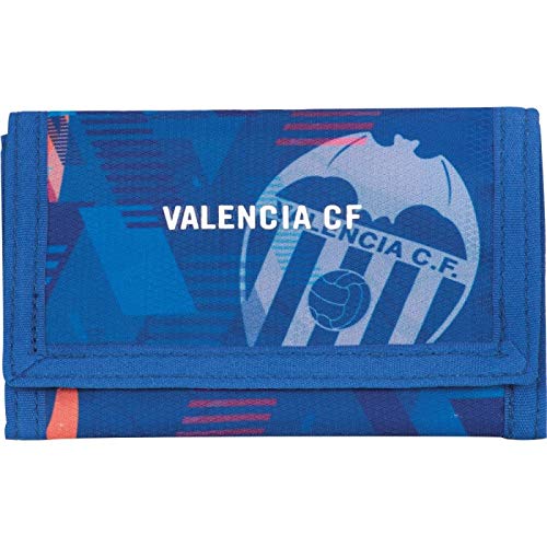 Cartera Valencia CF | Billetero Tarjetero para Tarjetas con Bolsillo Monedero, Cartera Hombre con Diseño Juvenil, Cierre de Velcro y Bolsillo Exterior de Cremallera - Medidas 13 x 8,5 cm - Color Azul