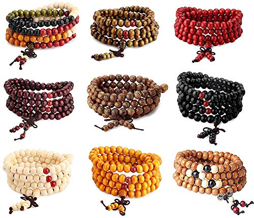 CASSIECA 108 Mala Madera Pulsera/Collar Cadena Rosario Cuentas Multicolor Budista Tibetano Buda Chino Mala Nudo Elástico Rosario Pulsera para Hombres Mujeres 9 Piezas