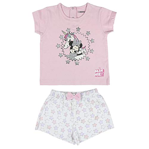 Cerdá Pijama de Minnie Mouse-Camiseta + Pantalon de Algodón Juego, Rosa, 12 Meses Unisex bebé