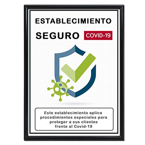 Certificado Establecimiento Seguro [ Covid-19 ] | Certificado Informativo Local Seguro para Clientes | Incluye Marco, Cristal y Sistemas de Colocación en Pared o Sobre Mesa