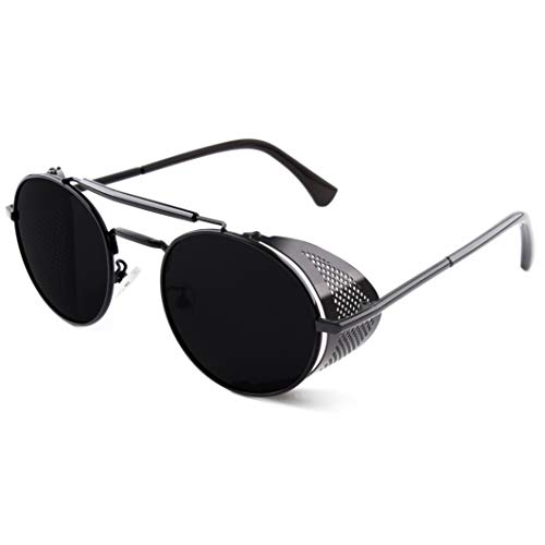 CGID E92 Steampunk estilo retro inspirado círculo metálico redondo gafas de sol polarizadas para hombre mujer Negro Gris