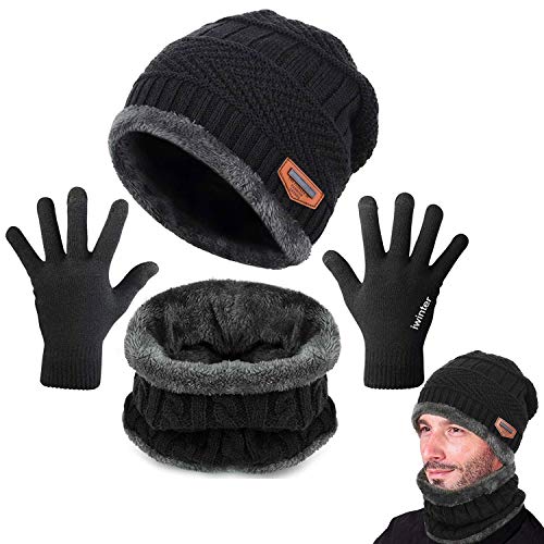 CheChury Bufanda Gorro Guantes Beanie Unisexo Set de Bufanda Conjunto de Guantes Táctiles Antideslizante Punto Sombreros Invierno Regalos Hombre Mujer