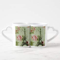 Chic Spring Mint Pink Floral Paris Eiffel Tower Coffee Mug Set, 2 Pack Heart Handle Coffee Mugs Tea Cups Gift For Men Women Couples