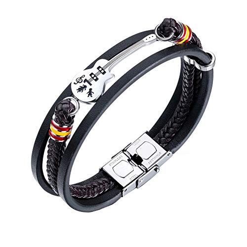 CHXISHOP Pulsera de Cuero para Hombres, Pulsera Simple de Acero Inoxidable de Guitarra, Cuerda de múltiples Capas Nota Musical Pulsera, Punk Personalidad Accesorios Joyería E-One Size