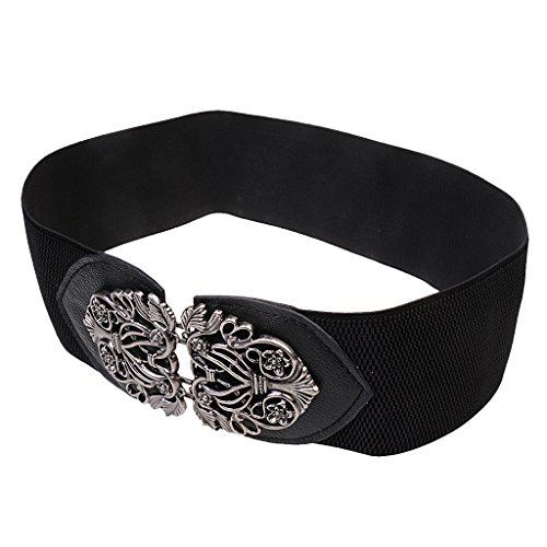 Cinturones Elástico Cintura De Hebilla Para Mujer Señoras Del Cuero PU Correa Ancha - Negro
