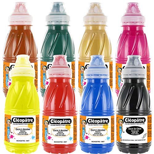 Cléopâtre - Lote de 7 diseños de colores + 1 tinta china, 8 colores, frascos de 250 ml
