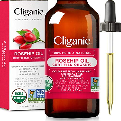Cliganic Aceite de Rosa Mosqueta Bio, 100% Puro Ecologico (30ml) prensado en frio, natural vegano | para cabello, cara, cuticulas, pelo | certificado orgánico vegetal | 90 días garantía