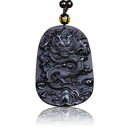 Collar con colgante de estilo clásico oriental para hombre, diseño de dragón, péndulo de piedra, cadena de obsidiana a juego, color negro y dorado