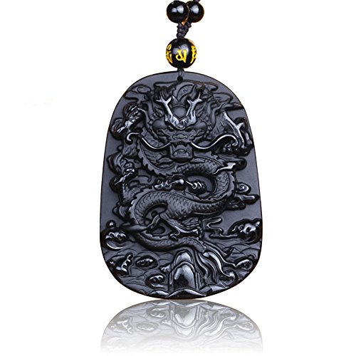 Collar con colgante de estilo clásico oriental para hombre, diseño de dragón, péndulo de piedra, cadena de obsidiana a juego, color negro y dorado Collar con colgante de estilo clásico oriental para hombre, diseño de dragón, péndulo de piedra, cadena de obsidiana a juego, color negro y dorado