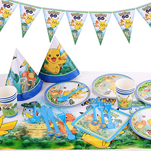 Colmanda Cumpleaños de Pokemon, 78 Piezas Pikachu Infantil de Pokemon Team Cartoon Anime Theme Artículos para Fiesta de Cumpleaños
