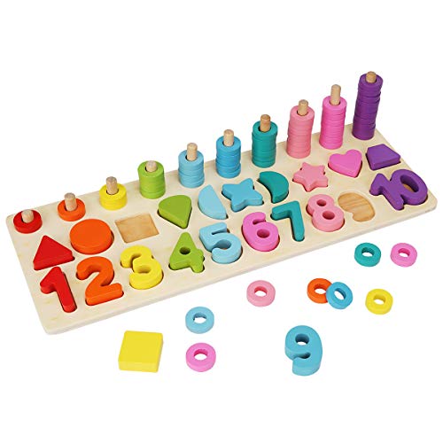 Colmanda Puzzles de Madera, Montessori Tablero de Conteo Aprender a Contar Anillos Juego de Clasificador de Forma Números Rompecabezas Juguete Educativo para Niños