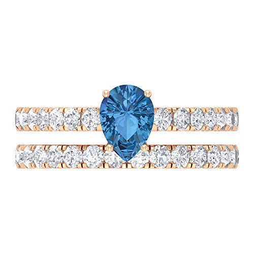 Conjunto de anillo solitario para novia, 1,93 CT creado en laboratorio, anillo azul ártico, D-VSSI Moissanite Eternity Band Anillo, 5x7 mm corte pera anillo de compromiso, 10K Oro rosa, Size:EU 58