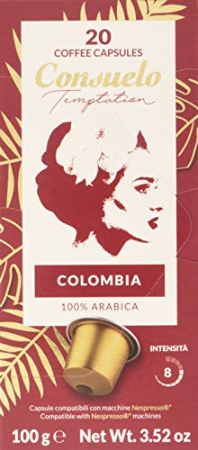 Consuelo - Cápsulas de café de Colombia compatibles con cafetera Nespresso*, 100 unidades (5 cajas de 20 cápsulas) Consuelo - Cápsulas de café de Colombia compatibles con cafetera Nespresso*, 100 unidades (5 cajas de 20 cápsulas)