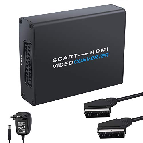 Convertidor SCART a HDMI Aluminio Adaptador Euroconector a HDMI 1080P Jack de 3.5 mm con Adaptador de Corriente y Cable Scart Soporte CVBS y RGB para HDTV STB PS4 Sky DVD BLU-Ray