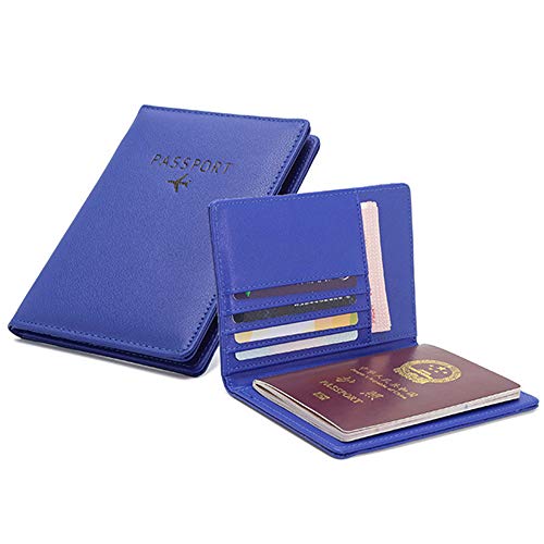 Cosmos Delgadez Titular del Pasaporte Función múltiple Cuero RFID Carátula de Pasaporte Juegos de Viaje Paquete de protección(Blue)