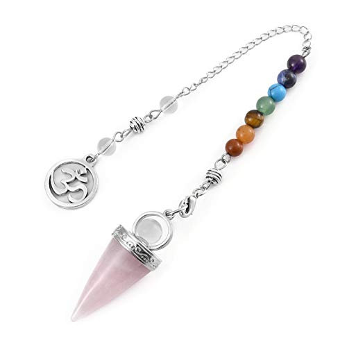 CrystalTears Péndulo de cristal de cuarzo rosa natural con 7 chakras, curación de cristal, péndulo para la adivinación, reiki, curación y terapia de cristal