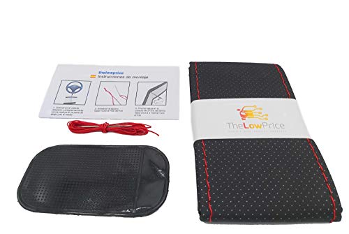 Cubierta Funda Cubre Volante para Coche Universal Cosida de Tela y Cuero Negro e Hilo Rojo Microfibra 37-38cm diámetro con Aguja e Hilo Doble. Instrucciones de Montaje. (Hilo Rojo)