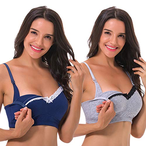 Curve Muse Sujetador de algodón sin Hilos de Talla Grande para Mujer con cordón Superior - Paquete de 2 -Armada, gris-115C