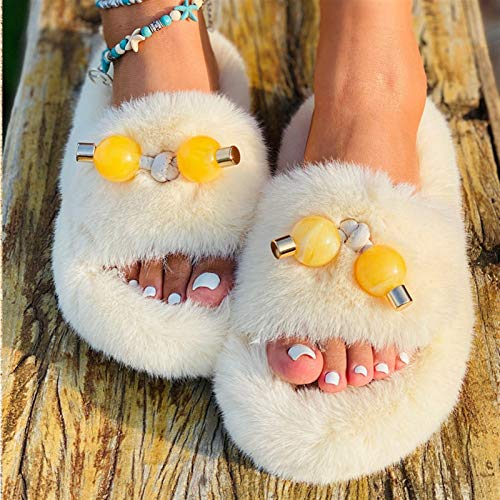 CUzzhtzy Voltear Las Mujeres Peludo Zapatillas de casa los Zapatos de Piel Diapositivas Mujer Sandalias Planas de Felpa Zapatillas otoño Invierno Flops Adecuado para hogar/Dormitorio